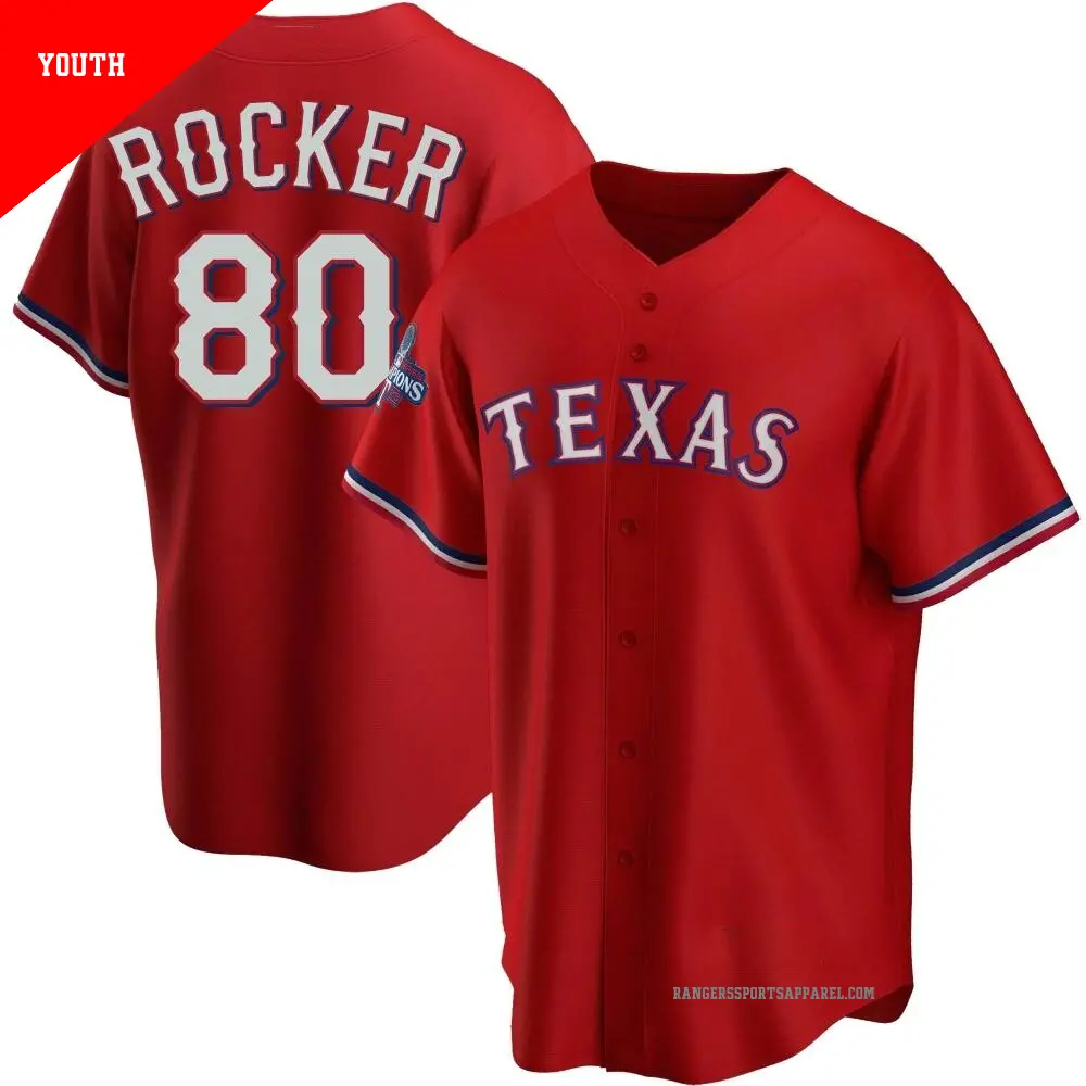 Youth ＃80 Kumar Rocker Texas Rangers Red Replica Alternate 2023 World Series Champions Jersey